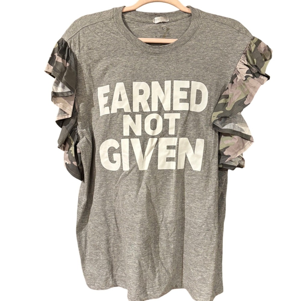 Handmade Earned Not‎ Given Gray Ruffle Camo Sleeve Graphic T-Shirt L NWOT